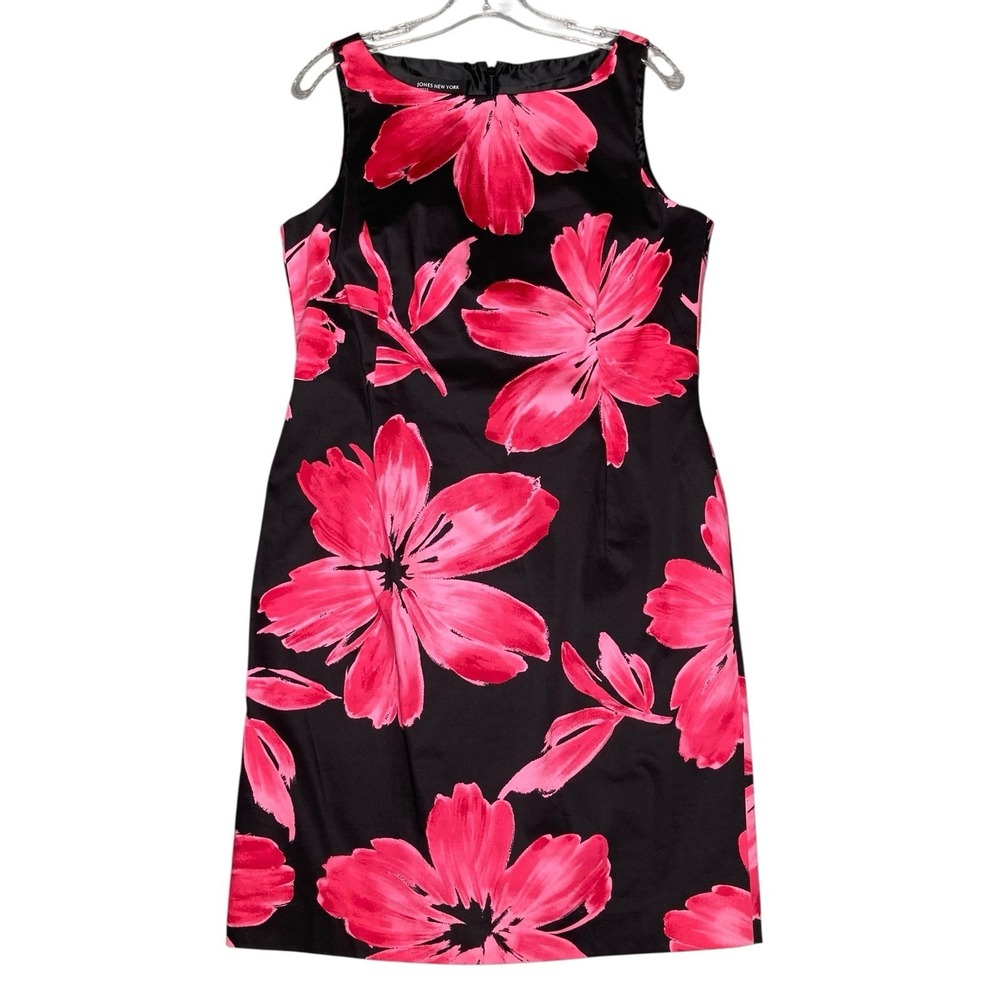 Jones New York Dress Black And‎ Pink Floral Sleeveless Sheath Dress Sz 12 Lined